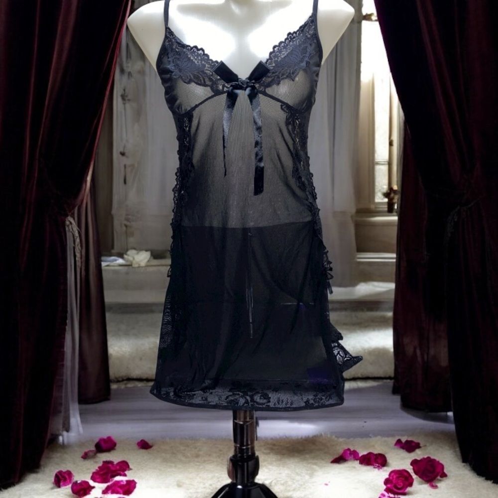 ^ sheer Chemise with Lace Trim nighty sexy side slits &bow detail